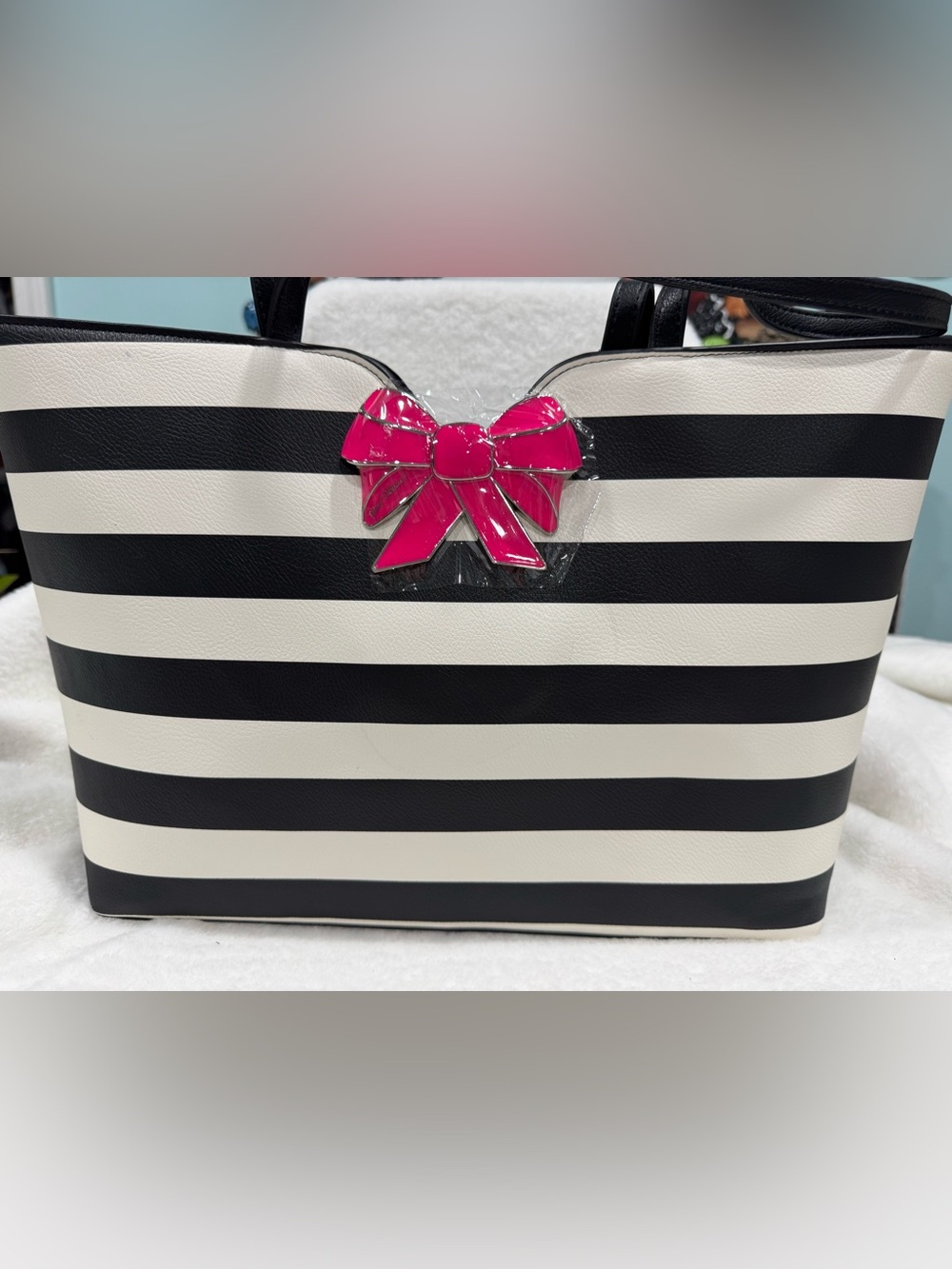 NWOT Betsey Johnson Striped Black & White Tote with Pink Bow Accent